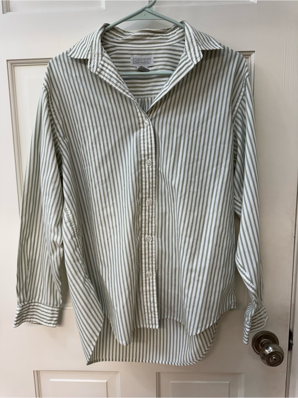 Lands' End Vintage Light Green and White Striped Women's Button-Down Shirt